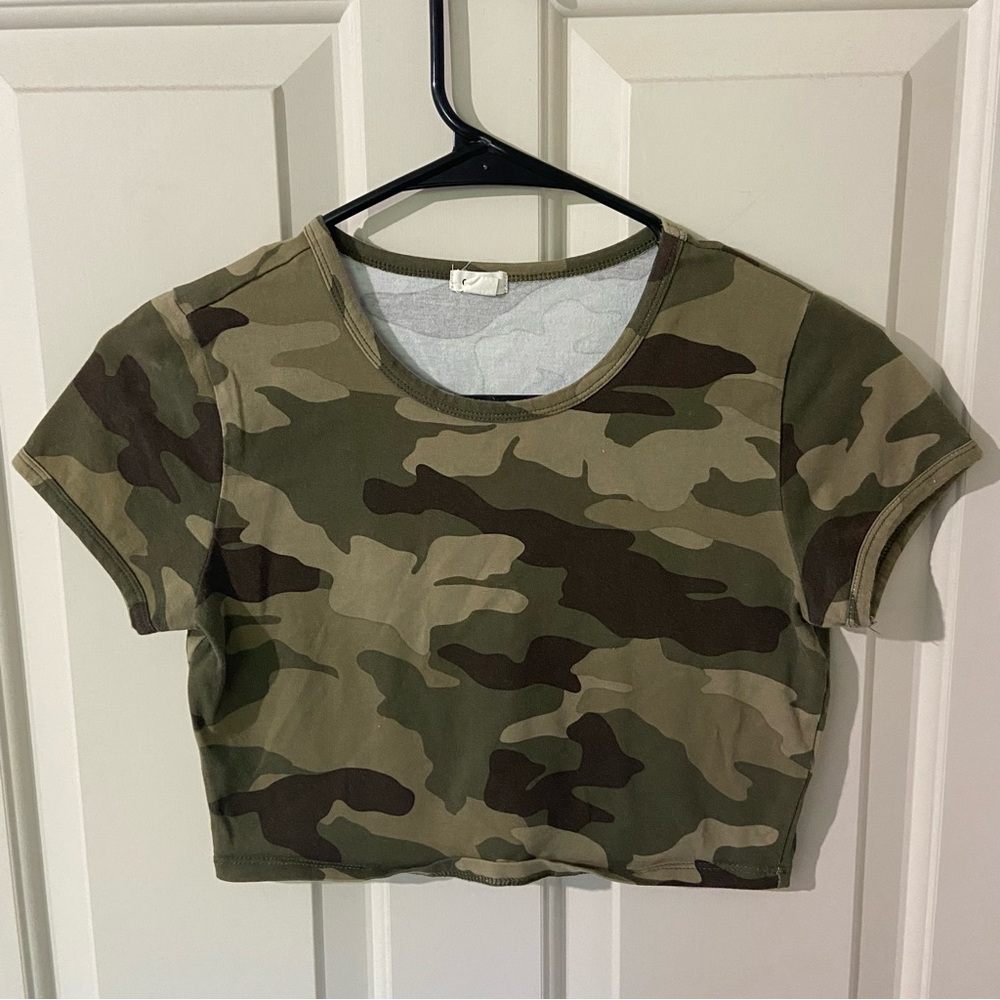 Garage Green Brown Camouflage Crop T-Shirt